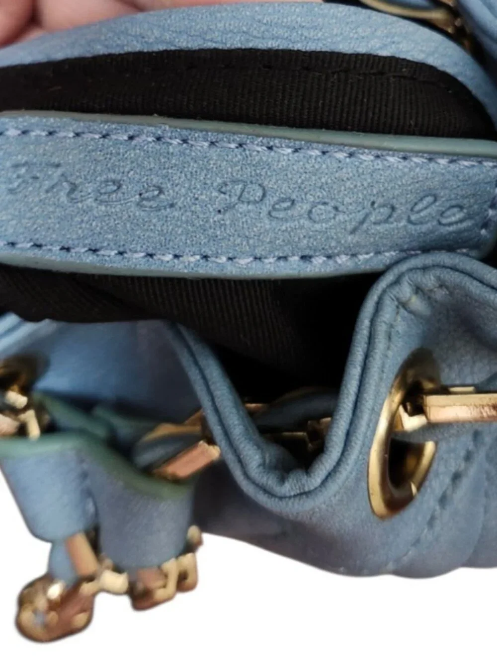 Free People Blue Faux Leather Mini Bucket Bag Gold Chain Drawstring Crossbody